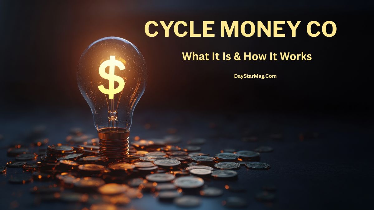 A glowing lightbulb with a bright dollar sign inside sits on a surface covered with scattered coins. To the right, the text “CYCLEMONEYCO – What It Is & How It Works – DayStarMag.com” appears in bold yellow lettering against a dark background.