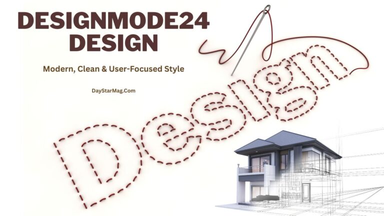 A graphic with the heading “DESIGNMODE24 DESIGN” and the subtitle “Modern, Clean & User-Focused Style.” Below, a stitched-style illustration spells the word “Design,” with a needle and thread appearing to sew the letters. On the lower right, there is a modern two-story house partially drawn in architectural sketch form. The text “DayStarMag.com” appears below the subtitle.