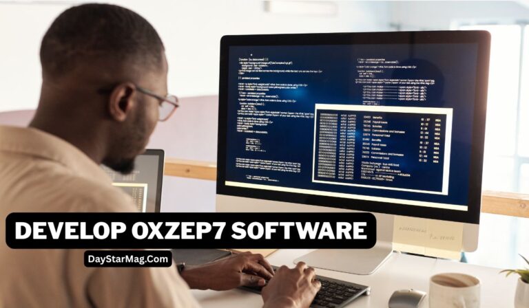 “Man coding on a desktop computer with programming code displayed on screen and text overlay saying ‘Develop OXZEP7 Software – DayStarMag.com.’”
