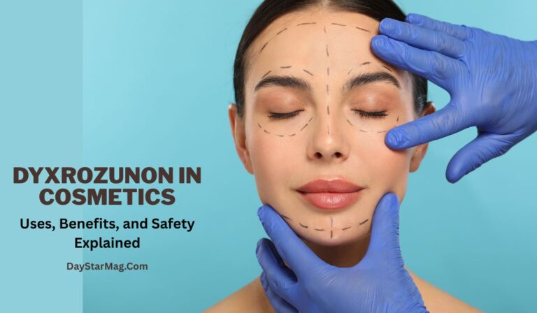 “Aesthetic specialist wearing blue gloves examining a woman’s face with cosmetic surgery marking lines, representing cosmetic procedures and skincare treatments, with text ‘Dyxrozunon in Cosmetics – Uses, Benefits, and Safety Explained, DayStarMag.com.’”