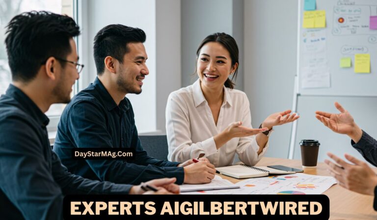 “Group of professionals sitting around a table in a modern office, smiling and discussing work with charts and notebooks in front of them. The text on the image reads ‘EXPERTS AIGILBERTWIRED’ and ‘DayStarMag.Com’.”