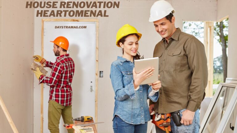 “Construction team working on a House Renovation Heartomenal project, featuring a woman and man in safety helmets reviewing renovation plans on a tablet while another worker installs drywall in the background of an unfinished home.”