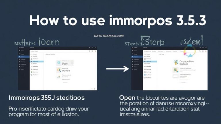 “A dark blue instructional graphic titled ‘How to Use Immorpos35.3 Software,’ showing two software dashboard screenshots side-by-side with an arrow between them. The left screenshot represents the installation screen, and the right screenshot represents the startup screen. Handwritten-style labels and placeholder text appear above and below the images.”