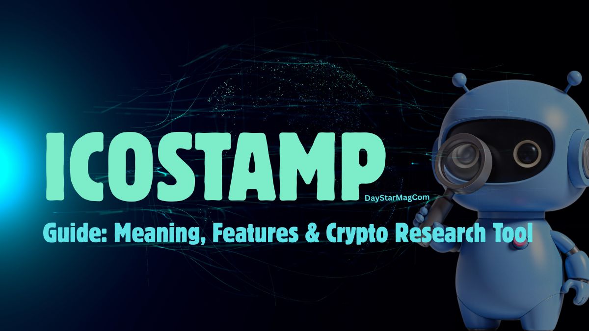 A blue cartoon robot holding a magnifying glass stands on the right side, with digital network graphics in the background. Large text on the left reads “ICOSTAMP,” and below it the subtitle says “Guide: Meaning, Features & Crypto Research Tool.” The design has a futuristic, technology-themed look.
