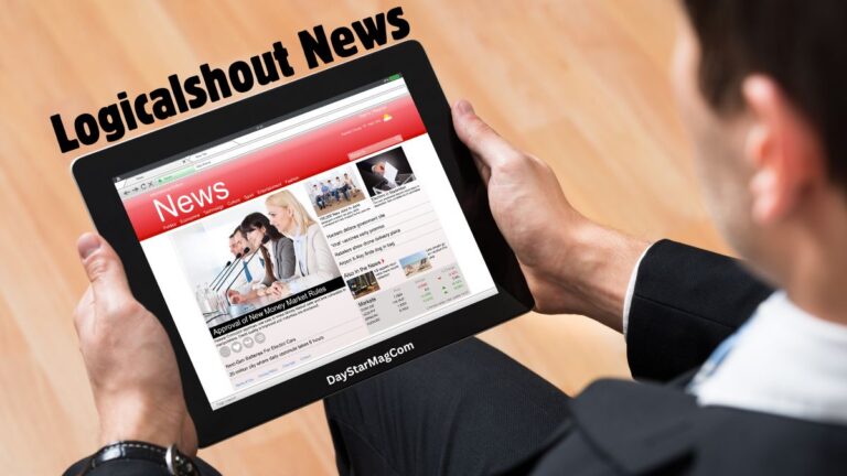 A man in a suit is holding a tablet displaying a news website with a red header labeled “News.” The page shows articles, images, and financial market updates. The text “Logicalshout News” appears at the top of the image, and “DayStarMagCom” is written near the bottom of the tablet.