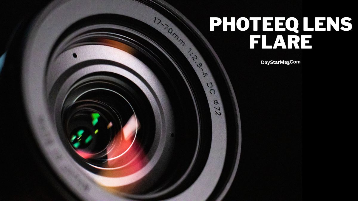 Close-up view of a camera lens with colorful reflections and the text “PHOTEEQ LENS FLARE” on a black background.