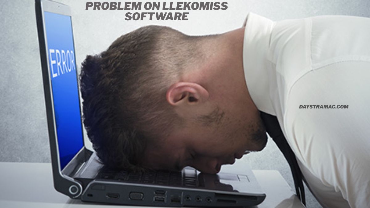 “A frustrated man with his head pressed down on a laptop keyboard as the screen displays the word ‘ERROR,’ symbolizing a major Problem on LLEKOMISS Software.”