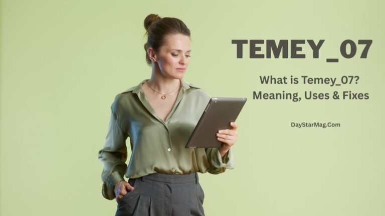 A woman standing against a light green background is holding and looking at a tablet. She is wearing a light green blouse and gray trousers, with her hair tied back. To the right of her, large text reads “TEMY_07” and below it, smaller text says “What is Temey_07? Meaning, Uses & Fixes – DayStarMag.com.”