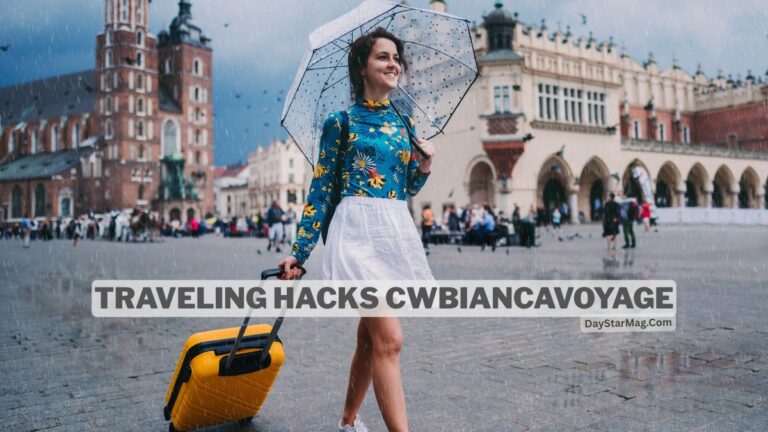 Woman walking with a yellow suitcase under a transparent umbrella in a rainy city square, with historic buildings in the background and the text “Traveling Hacks CWBiancaVoyage” displayed across the image.