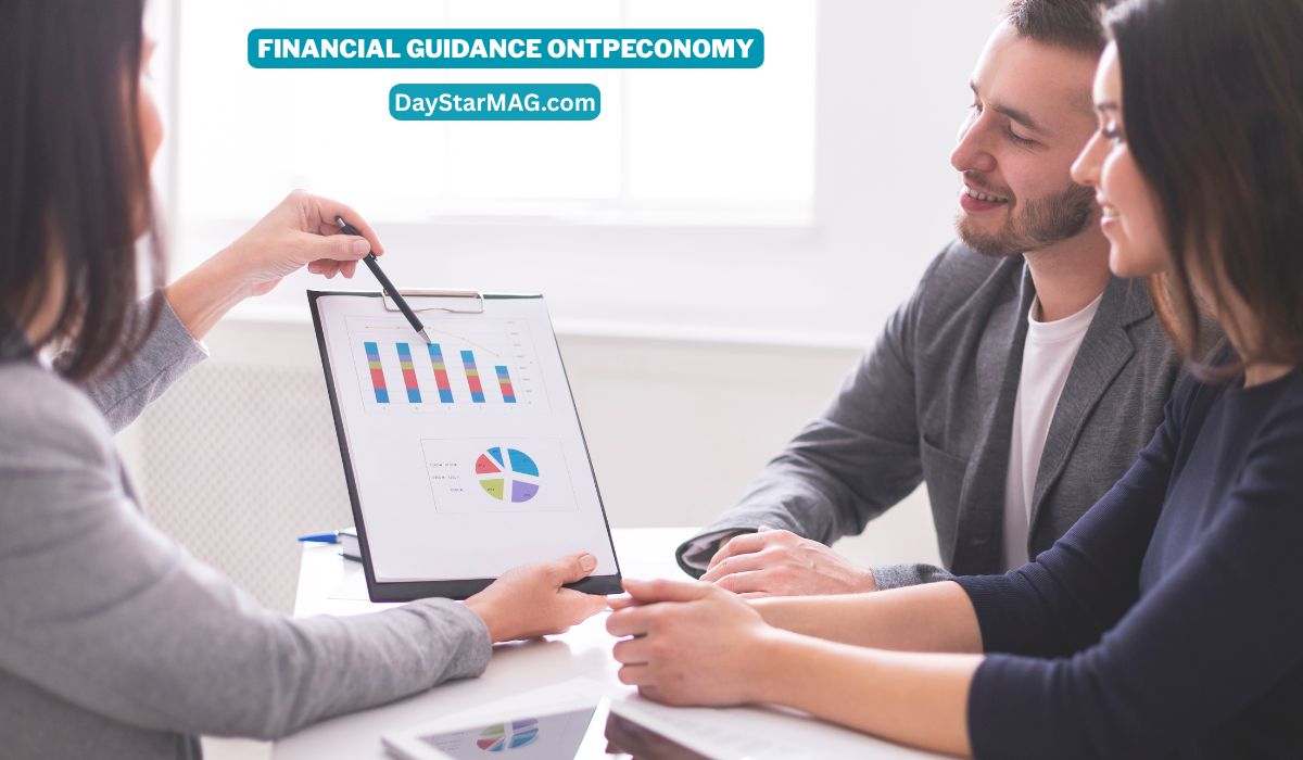 A financial advisor shows charts and graphs on a clipboard to a smiling couple during a consultation. Text on the image reads “Financial Guidance onTPEconomy — DayStarMAG.com.”