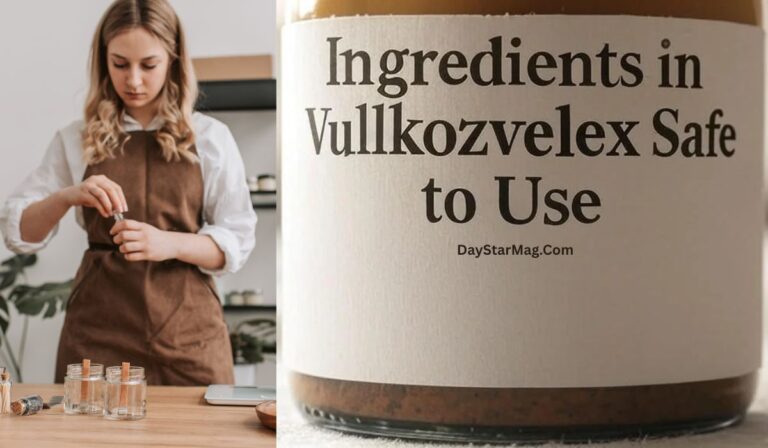A woman wearing a brown apron prepares small glass jars on a wooden table, possibly mixing or testing ingredients. Next to her is a close-up of a jar label that reads, “Ingredients in Vullkozvelex Safe to Use” with “DayStarMag.Com” printed below.