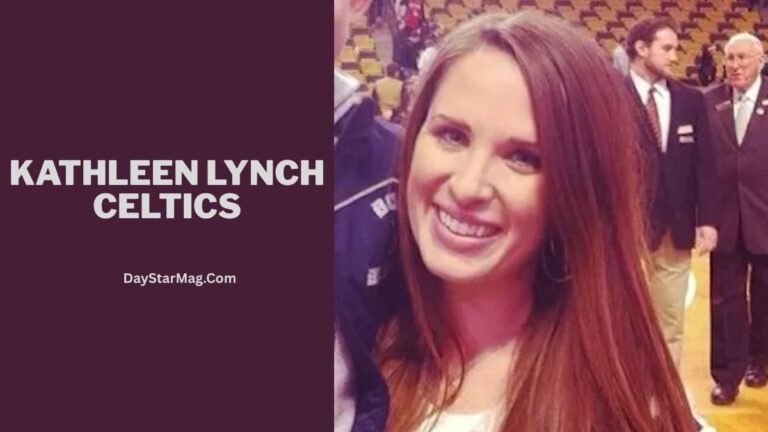Split graphic with a dark maroon left side displaying large white text that reads “KATHLEEN LYNCH CELTICS” and smaller text “DayStarMag.com.” On the right side is a photo of a smiling woman with long brown hair standing indoors, with several people and rows of seats visible in the background.