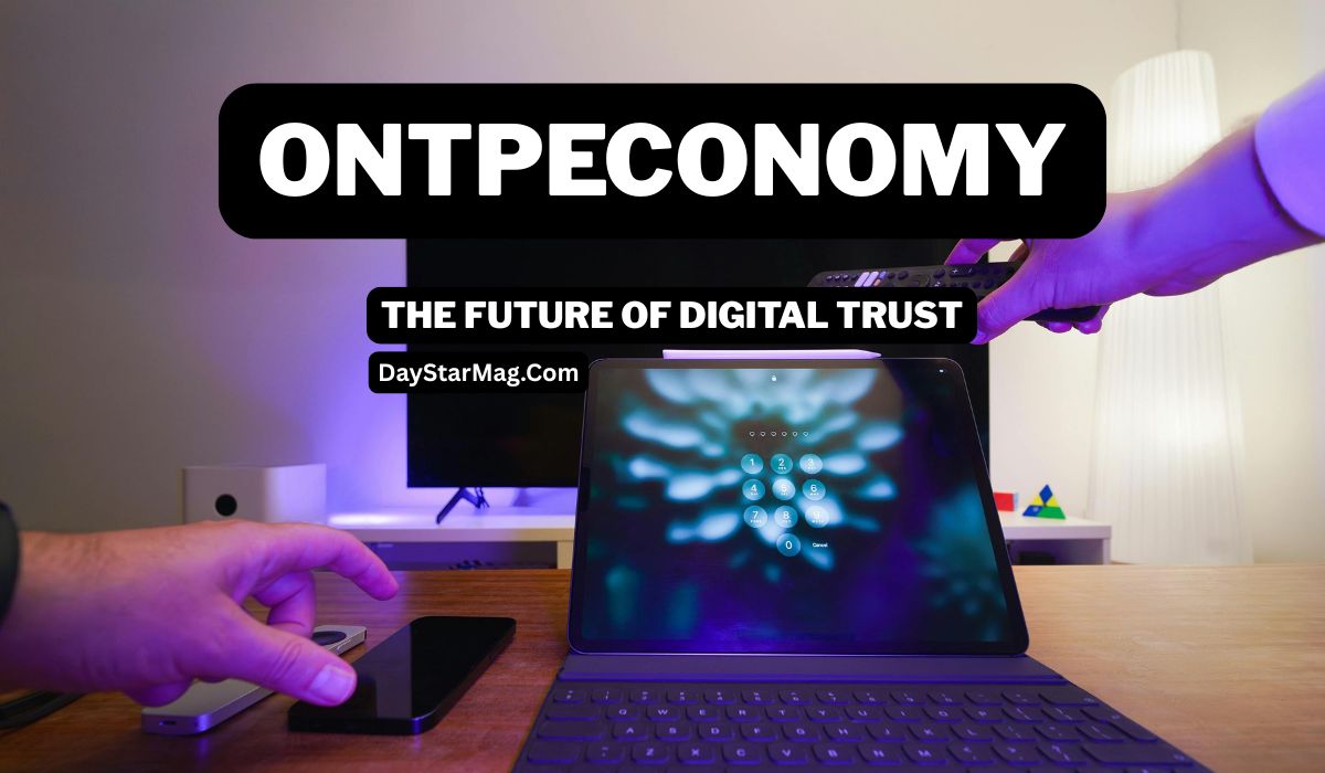 “Tablet on a desk displaying a digital lock screen with text overlay saying ‘OntpEconomy – The Future of Digital Trust – DayStarMag.com.’”