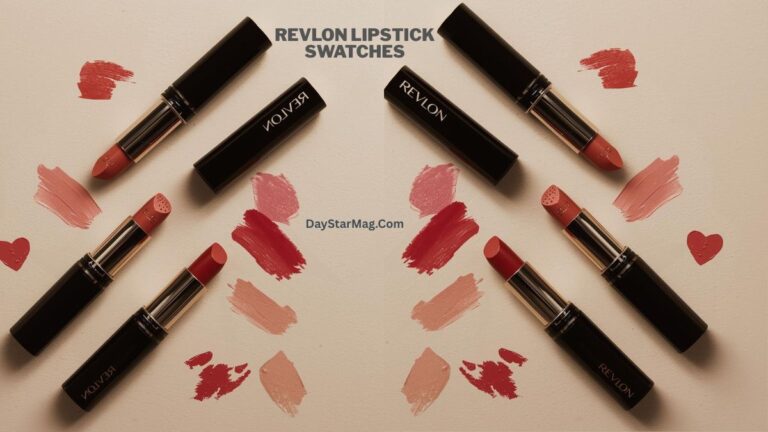 Flat-lay display of multiple Revlon lipsticks arranged in a symmetrical pattern on a light background, with various pink, nude, and red lipstick swatches painted around them. The text “REVLON LIPSTICK SWATCHES” appears at the top, and “DayStarMag.com” is written in the center.