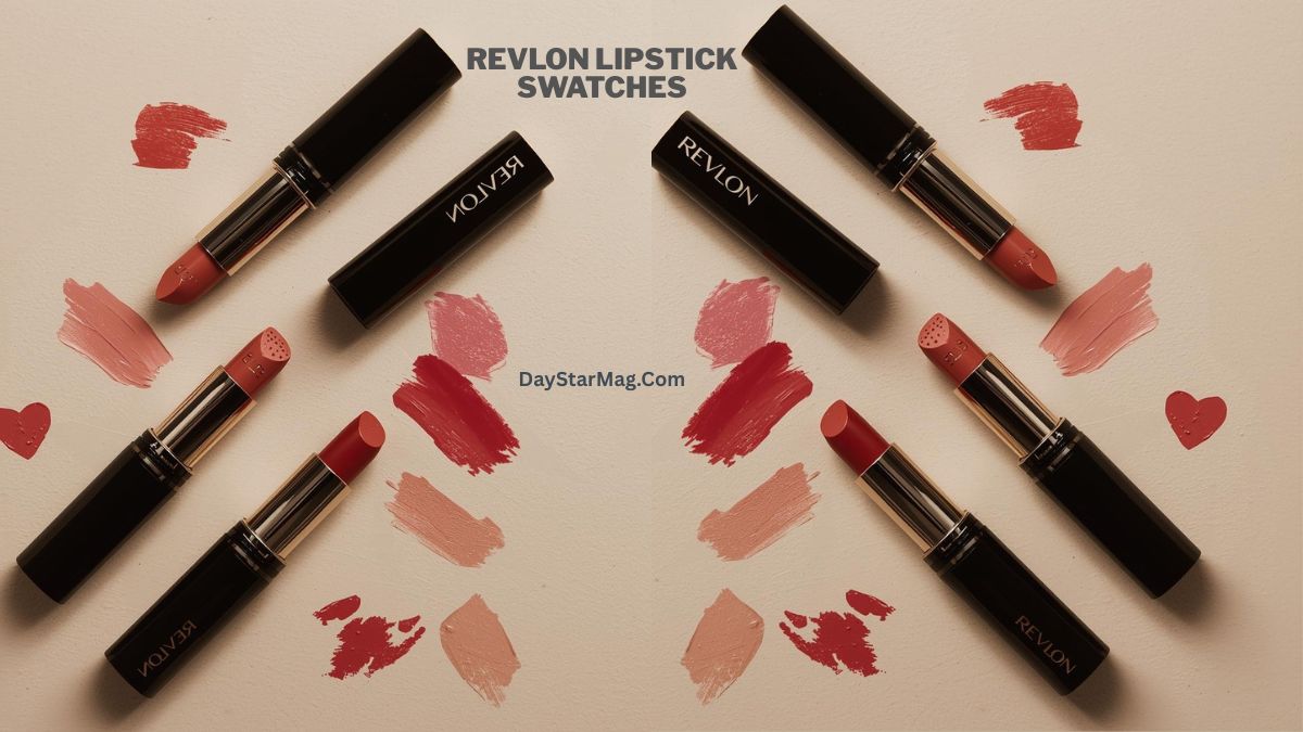 Flat-lay display of multiple Revlon lipsticks arranged in a symmetrical pattern on a light background, with various pink, nude, and red lipstick swatches painted around them. The text “REVLON LIPSTICK SWATCHES” appears at the top, and “DayStarMag.com” is written in the center.