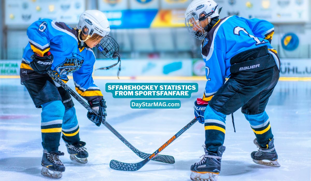 Two young ice hockey players in blue uniforms face off on an indoor ice rink, holding their hockey sticks over the puck. Text on the image reads “SFFareHockey Statistics from SportsFanFare — DayStarMAG.com.”