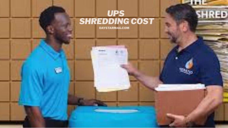 Two men stand beside a shredding bin, smiling while discussing a stack of documents. One man holds paperwork, and the other carries a file box. Behind them is a wall of cardboard boxes. The text “UPS Shredding Cost” appears at the top of the image.