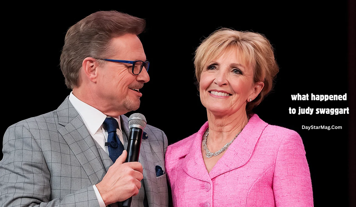 “An older man in a gray suit holds a microphone while smiling and looking at an older woman in a pink blazer who is also smiling. White text on the right side reads, ‘what happened to judy swaggart’ and ‘DayStarMag.com.’”