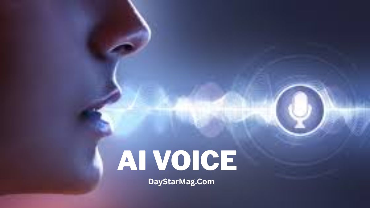 A close-up side view of a person speaking, with a digital soundwave and microphone icon glowing in front of them, representing AI voice technology. The text “AI VOICE” and “DayStarMag.com” appears at the bottom.