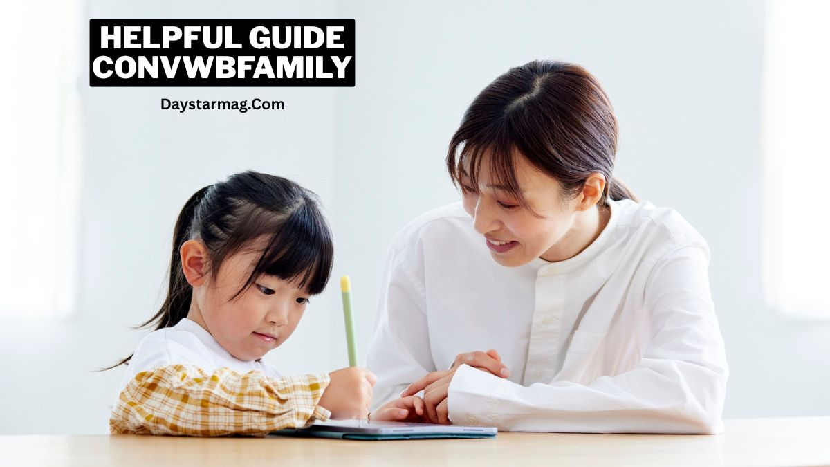 A young girl writing with a pencil on a tablet while an adult woman sits beside her, smiling and guiding her during the activity. Text on the image reads “Helpful Guide ConvwbFamily – Daystarmag.com.”