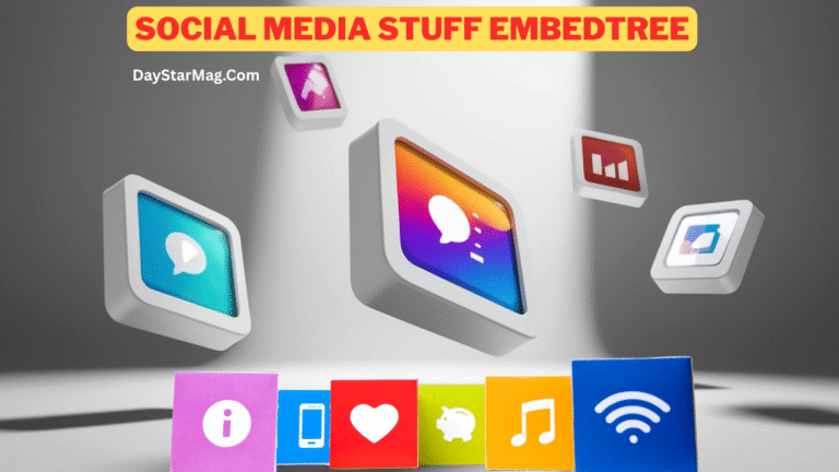 “Floating 3D social media icons and digital app symbols with the title ‘Social Media Stuff Embedtree’ displayed above, representing a modern social media embedding concept.”