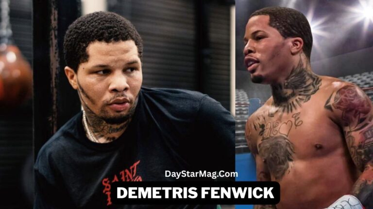 Side-by-side photos of a muscular man with short hair and visible tattoos. On the left, he is wearing a black T-shirt while training in a gym. On the right, he is shirtless in a boxing ring, showing detailed tattoos on his chest, neck, and arms. A label at the bottom reads “Demetris Fenwick,” with “DayStarMag.com” above it.