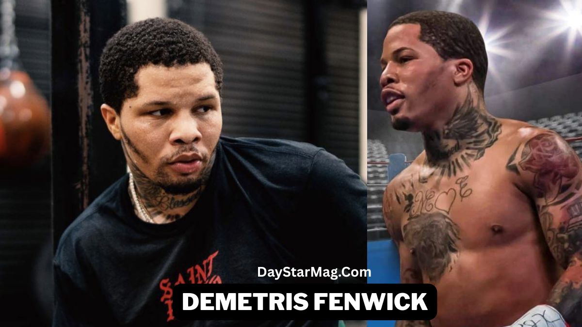 Side-by-side photos of a muscular man with short hair and visible tattoos. On the left, he is wearing a black T-shirt while training in a gym. On the right, he is shirtless in a boxing ring, showing detailed tattoos on his chest, neck, and arms. A label at the bottom reads “Demetris Fenwick,” with “DayStarMag.com” above it.