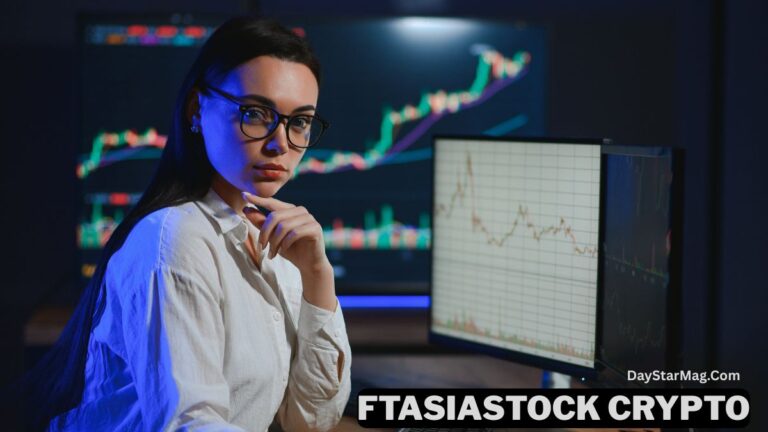 A woman wearing glasses sits at a desk in a dimly lit room, looking thoughtfully toward the camera while resting her hand on her chin. Multiple computer monitors behind her display colorful financial charts and graphs, suggesting stock or cryptocurrency trading. Text on the image reads “FTASIASTOCK CRYPTO” with a small “DayStarMag.com” watermark.