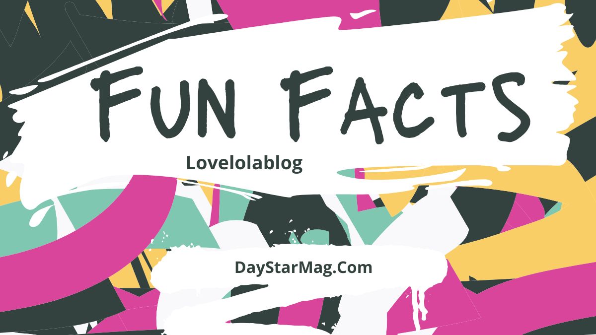 Colorful abstract graphic with bold paint-stroke shapes in pink, yellow, teal, black, and white. Large text in the center reads “Fun Facts Lovelolablog.” At the bottom, the text “DayStarMag.com” appears on a white brushstroke background.