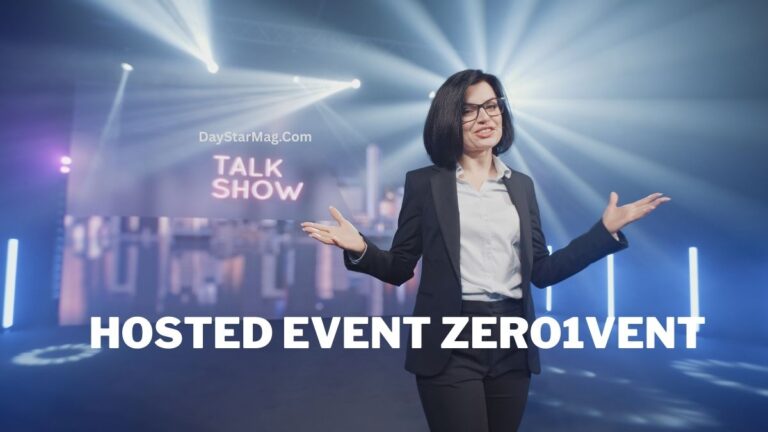 A woman in business attire stands on a brightly lit stage with her arms open, smiling as she hosts a talk show. Behind her, a large screen displays the words “TALK SHOW.” The image includes the text “HOSTED EVENT ZERO1VENT” and the watermark “DayStarMag.com.”