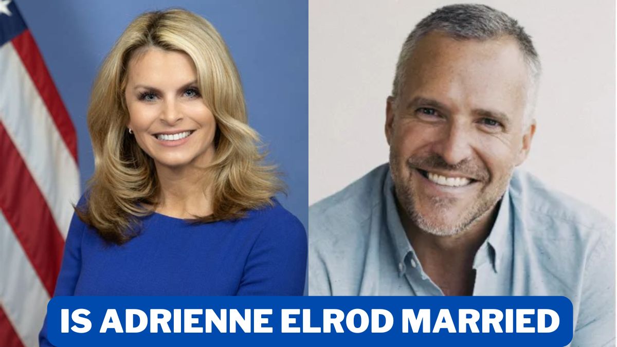 Split-image graphic showing a blonde woman in a blue dress standing in front of a U.S. flag and a smiling man in a light-colored shirt, with bold text at the bottom reading “Is Adrienne Elrod Married.”