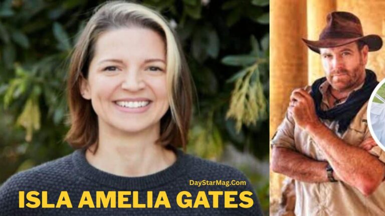 “Smiling woman with short brown hair standing outdoors in front of green foliage, with bold yellow text reading ‘ISLA AMELIA GATES’; a rugged man wearing a hat appears on the right side of the image.”
