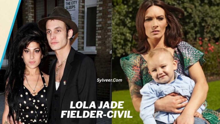 Split-image collage showing a couple dressed in dark clothing at an event on the left and a woman holding a baby outdoors on the right, with visible text reading “Lola Jade Fielder-Civil” and a “Daystarmag.com” watermark.