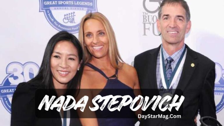 Group photo of three people posing together at a formal event with a branded backdrop, featuring overlaid text reading “NADA STEPOVICH” and a “DayStarMag.com” watermark.