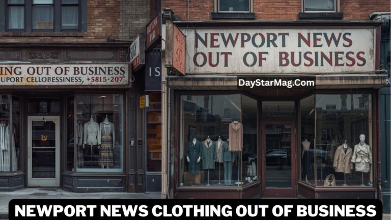 Side-by-side storefronts of a clothing retailer displaying signs that read “Out of Business” and “Newport News Out of Business.” The windows show mannequins dressed in various outfits, and the buildings have an older, worn appearance. Text across the image includes “DayStarMag.com” and at the bottom “Newport News Clothing Out of Business.”
