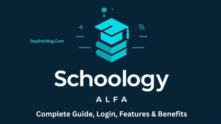A dark blue graphic featuring a stylized stack of books topped with a graduation cap icon in teal. The text “Schoology ALFA” appears prominently below the icon, with “DayStarMag.com” on the left side and the subtitle “Complete Guide, Login, Features & Benefits” at the bottom.