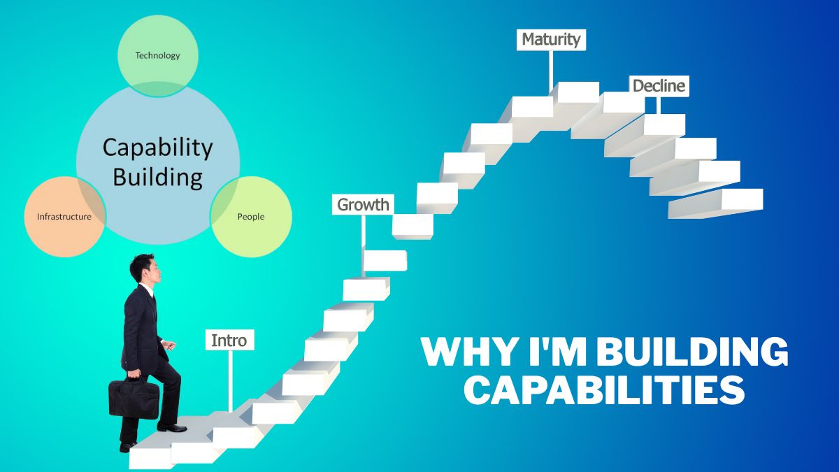 Illustration showing a businessman climbing a curved staircase labeled Intro, Growth, Maturity, and Decline, alongside a “Capability Building” diagram highlighting Technology, People, and Infrastructure, with the text “Why I’m Building Capabilities” on a blue-green background.