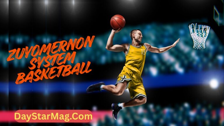 Dynamic sports banner showing a basketball player in a yellow uniform leaping toward the hoop for a dunk inside a brightly lit arena. Stylized text on the left reads “Zuyomernon System Basketball,” with DayStarMag.com branding at the bottom.